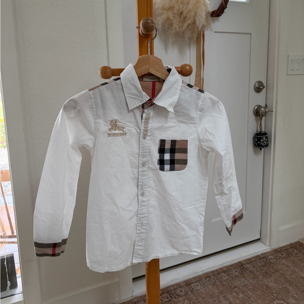 Burberry White Button-Down Shirt with Signature Check Trim
